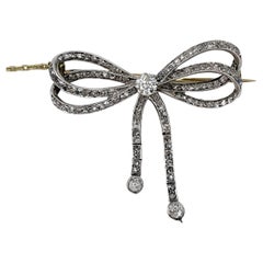 Antique Victorian 18 Karat Gold Rose Cut Diamond Bow Pin Brooch