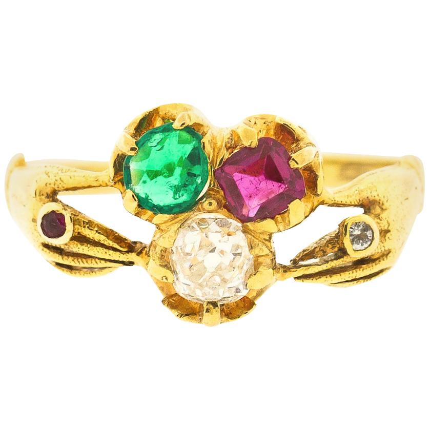 Antique Victorian 18 Karat Gold Ruby Diamond Emerald Fede Ring For Sale