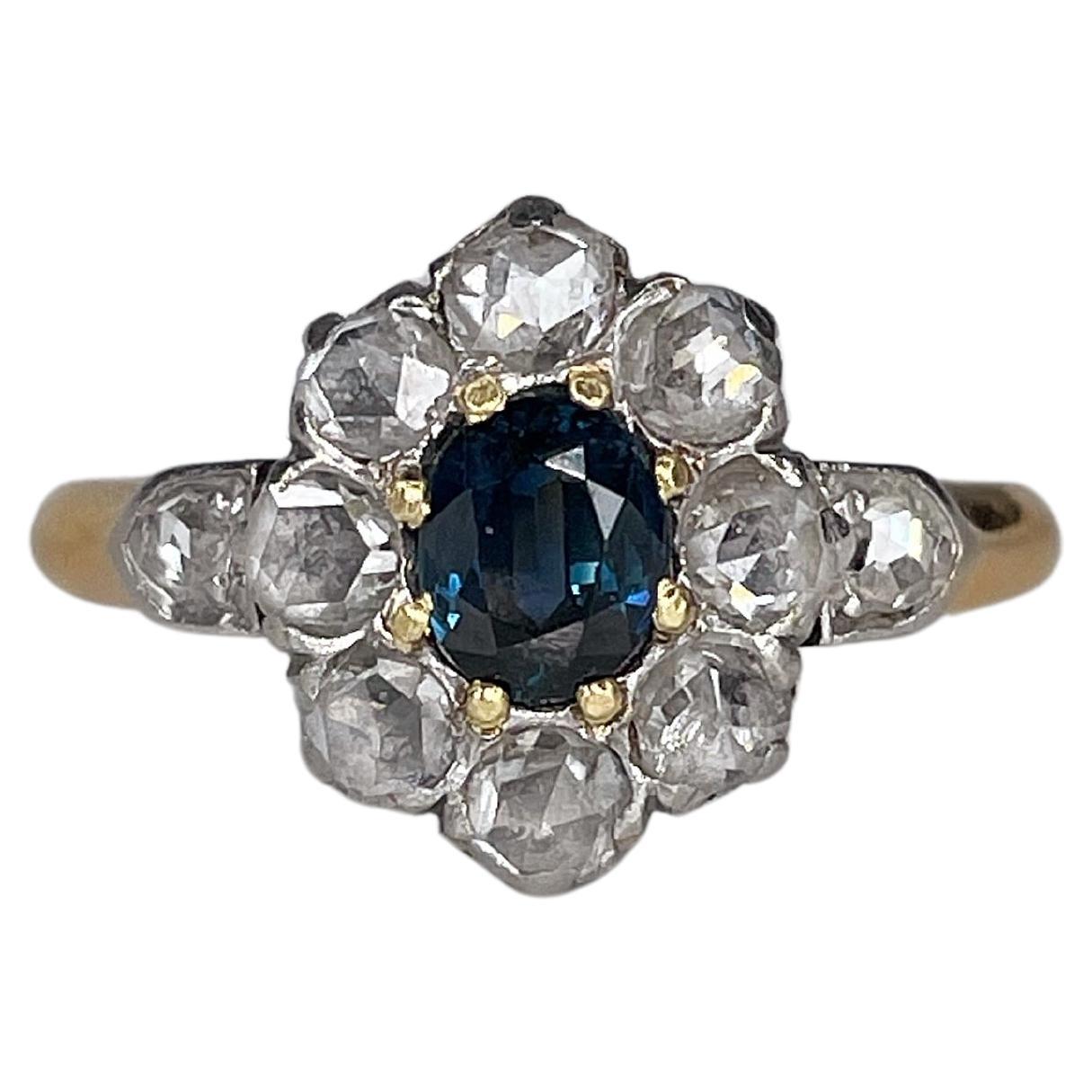 Antique Victorian 18 Karat Gold Sapphire Rose Cut Diamond Cluster Ring