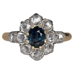 Antique Victorian 18 Karat Gold Sapphire Rose Cut Diamond Cluster Ring