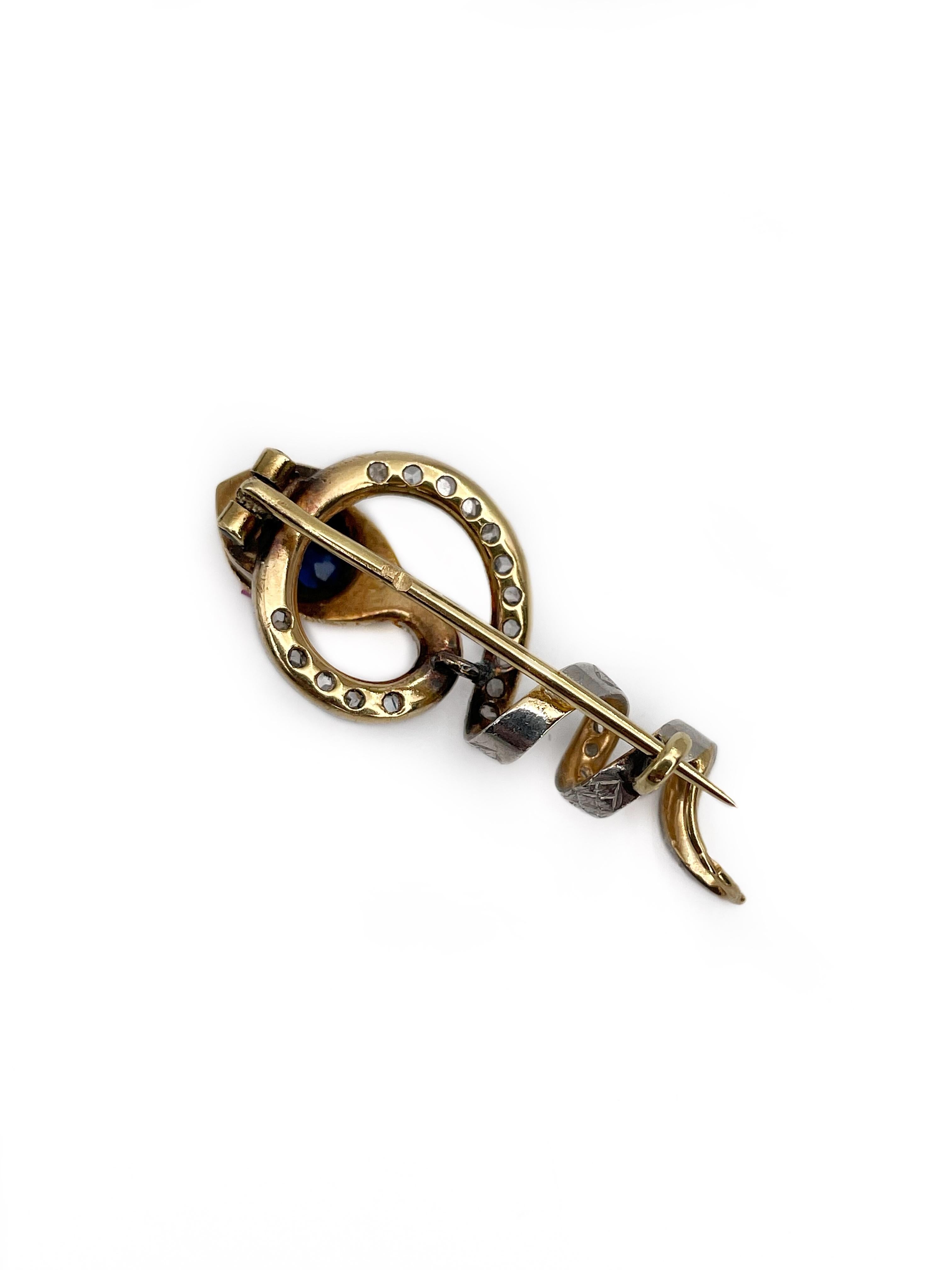 Women's or Men's Antique Victorian 18 Karat Gold Sapphire Ruby Rose Cut Diamond Snake Pin Brooch