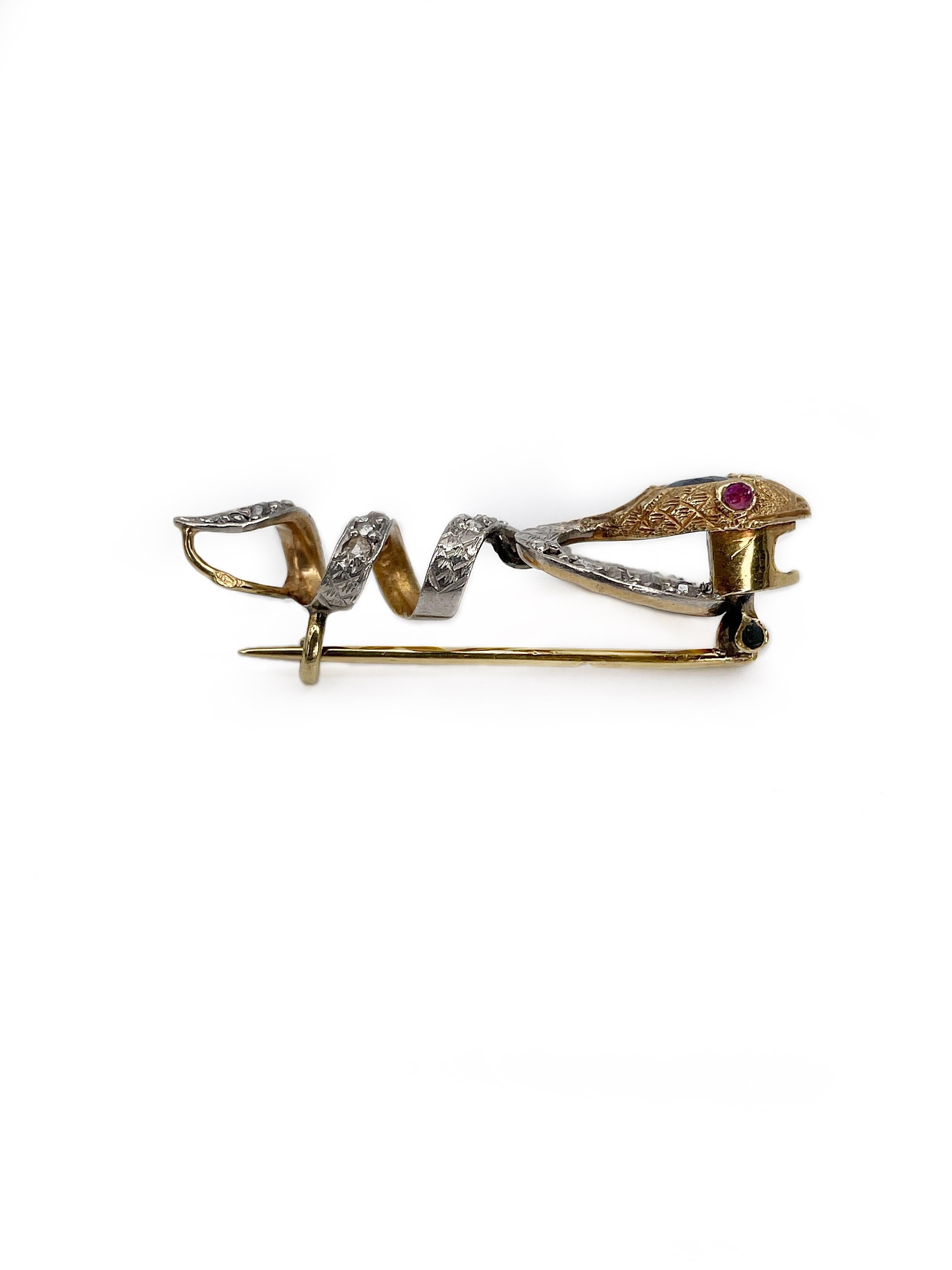 Antique Victorian 18 Karat Gold Sapphire Ruby Rose Cut Diamond Snake Pin Brooch 1