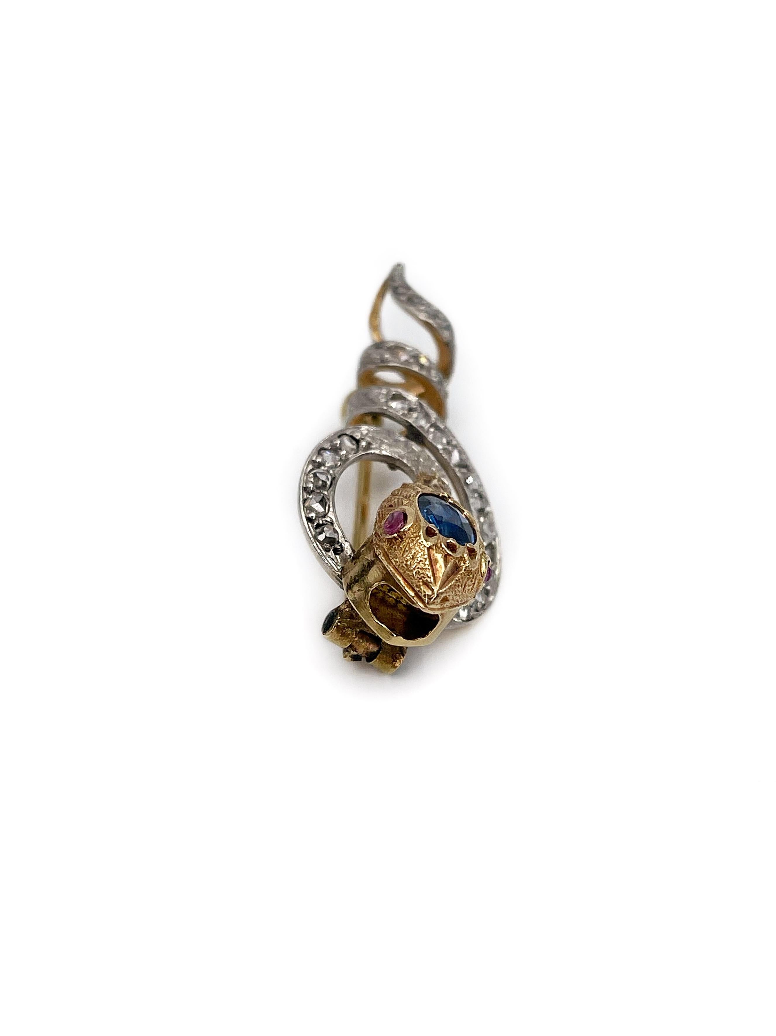 Antique Victorian 18 Karat Gold Sapphire Ruby Rose Cut Diamond Snake Pin Brooch 2