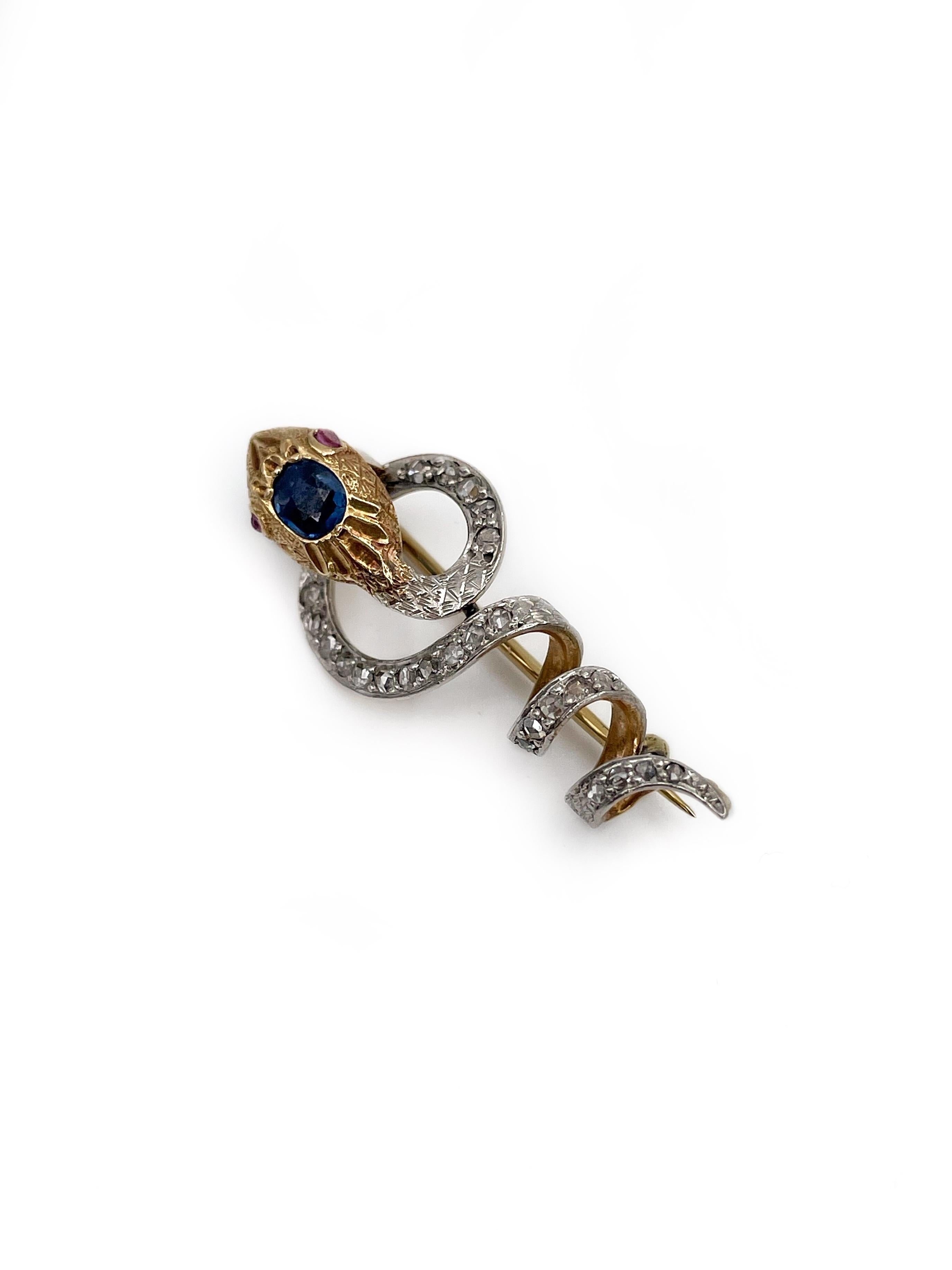 Antique Victorian 18 Karat Gold Sapphire Ruby Rose Cut Diamond Snake Pin Brooch 4