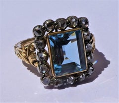 Antique Victorian 18 Karat Gold Silver Rose Cut Diamonds Aquamarine Ring