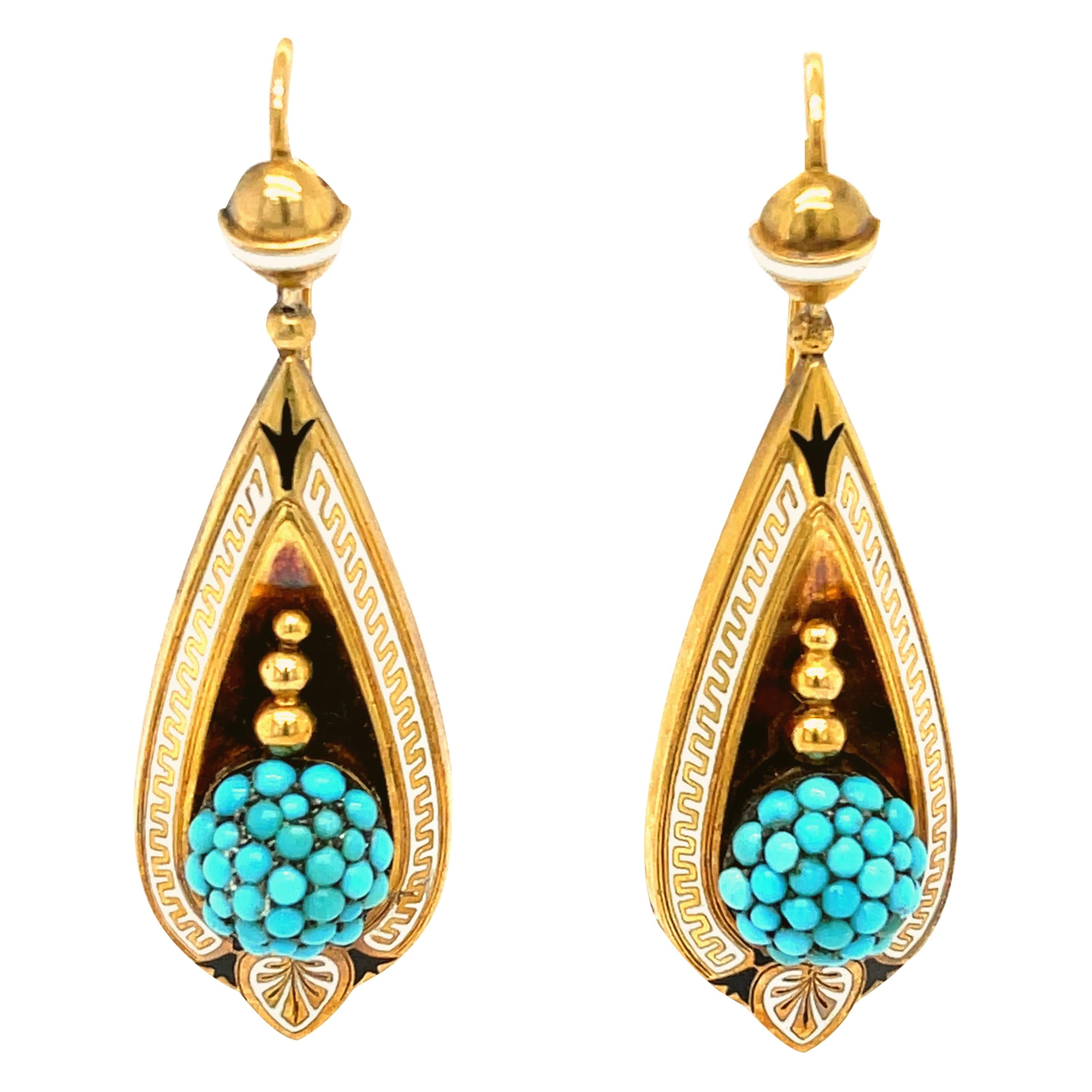 Antique Victorian 18 Karat Gold Turquoise Enamel Pendant Earrings