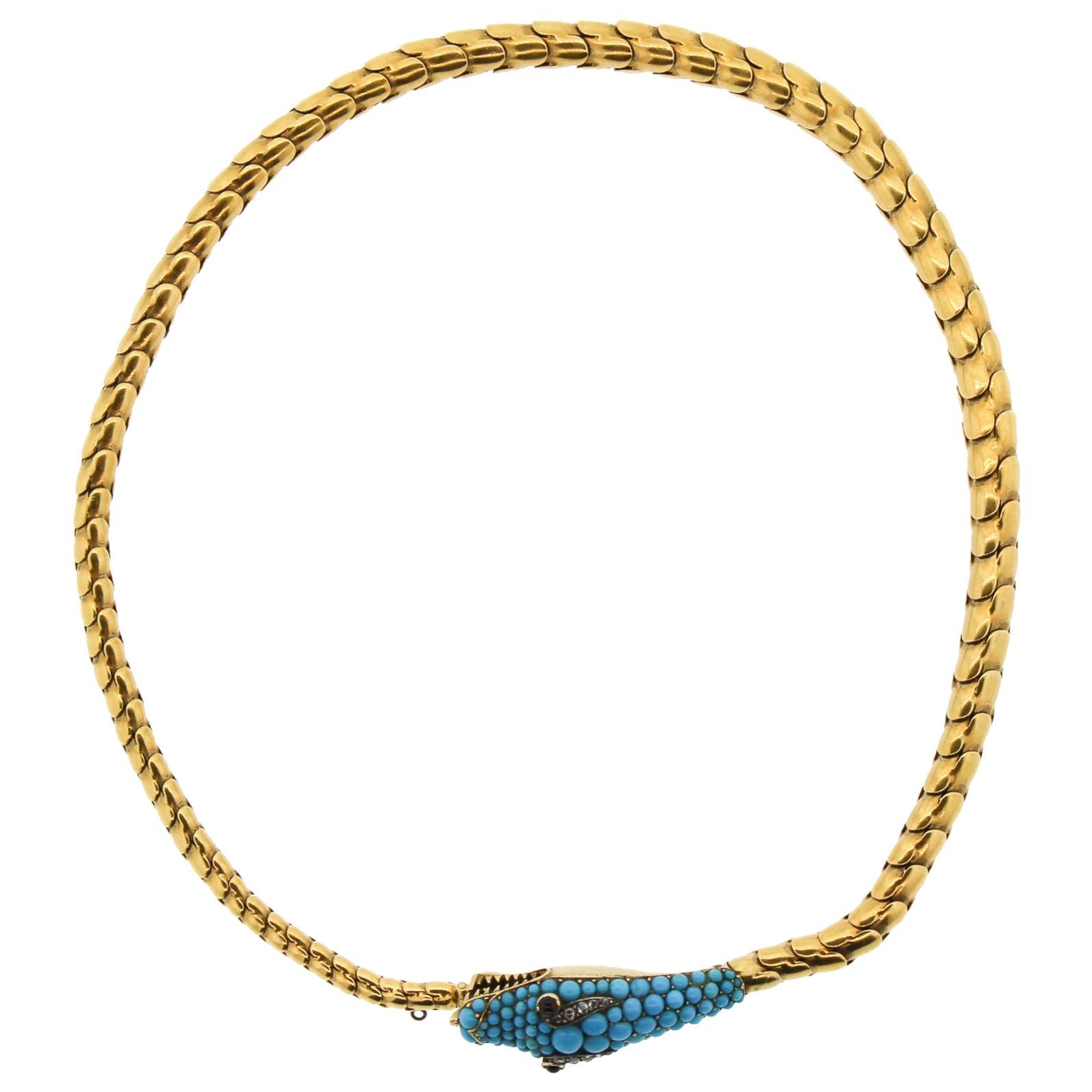 Antique Victorian 18 Karat Gold Turquoise Head Snake Necklace