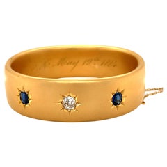 Antique Victorian 18 Karat Gold Wide Sapphire Diamond Bangle Bracelet