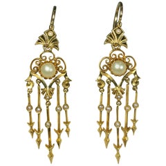 Antique Victorian 18 Karat Natural Pearl and Seed Pearl Chandelier Earrings