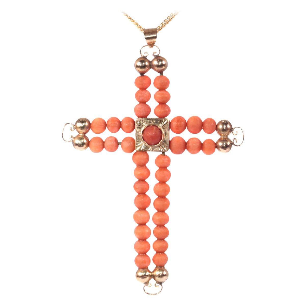 Antique Victorian 18 Karat Rose Gold Cross with Blood Coral Beads, 1870s For Sale