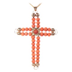 Antique Victorian 18 Karat Rose Gold Cross with Blood Coral Beads, 1870s