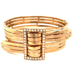 Antique Victorian 18 Karat Rose Gold Pearl Bypass Bangle Bracelet
