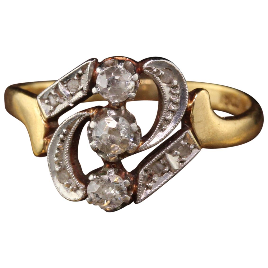 Antique Victorian 18 Karat Yellow Gold Diamond 3-Stone Vertical Ring