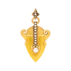 Antique Victorian 18 Karat Yellow Gold Harp with Rose-Cut Diamond Locket