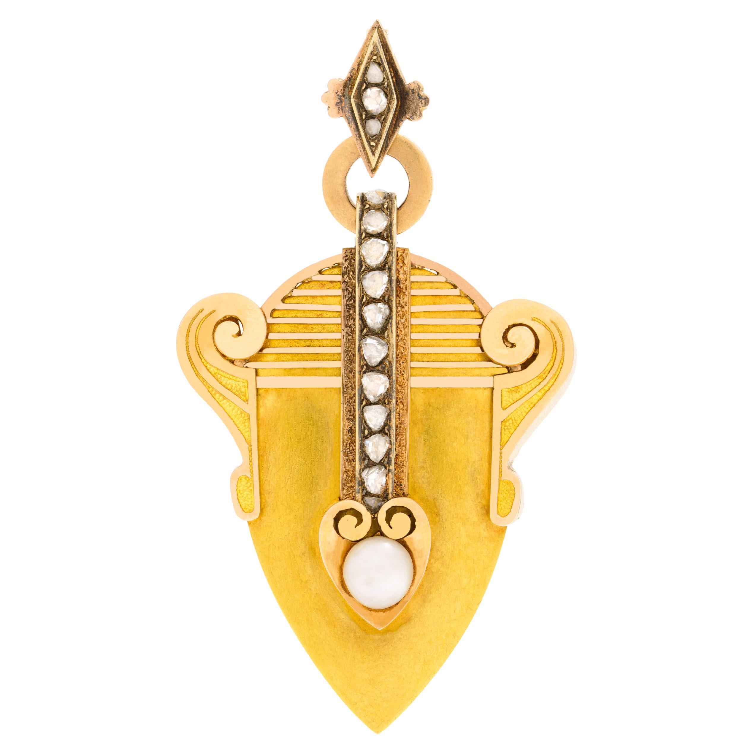 Antique Victorian 18 Karat Yellow Gold Harp with Rose-Cut Diamond Locket