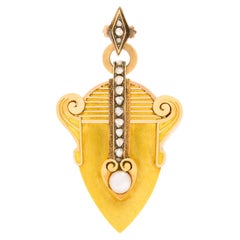 Antique Victorian 18 Karat Yellow Gold Harp with Rose-Cut Diamond Locket
