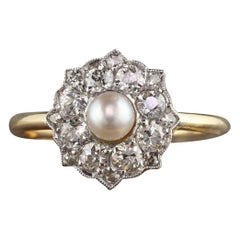 Antique Victorian 18 Karat Yellow Gold Old Euro Cut Diamond and Pearl Ring