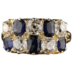 Antique Victorian 18 Karat Yellow Gold Old Mine Cut Diamond and Sapphire Ring