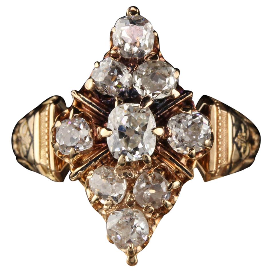 Antique Victorian 18 Karat Yellow Gold Old Mine Cut Diamond Shield Ring