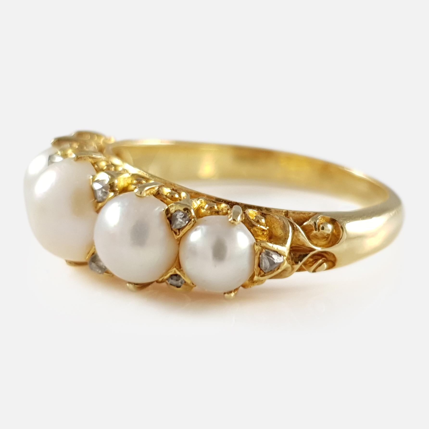 Antique Victorian 18 Karat Yellow Gold Pearl and Diamond Ring 3