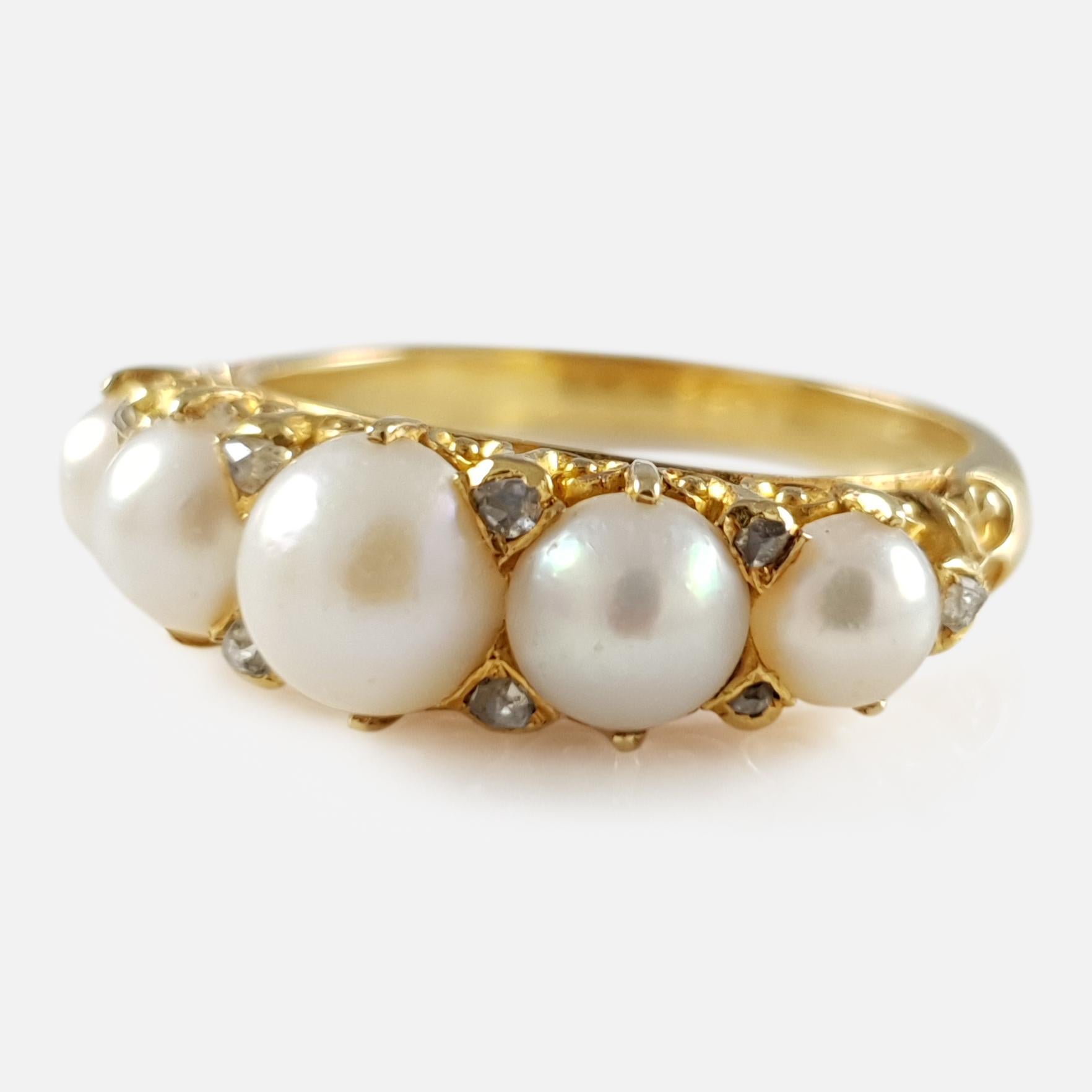 Antique Victorian 18 Karat Yellow Gold Pearl and Diamond Ring 4