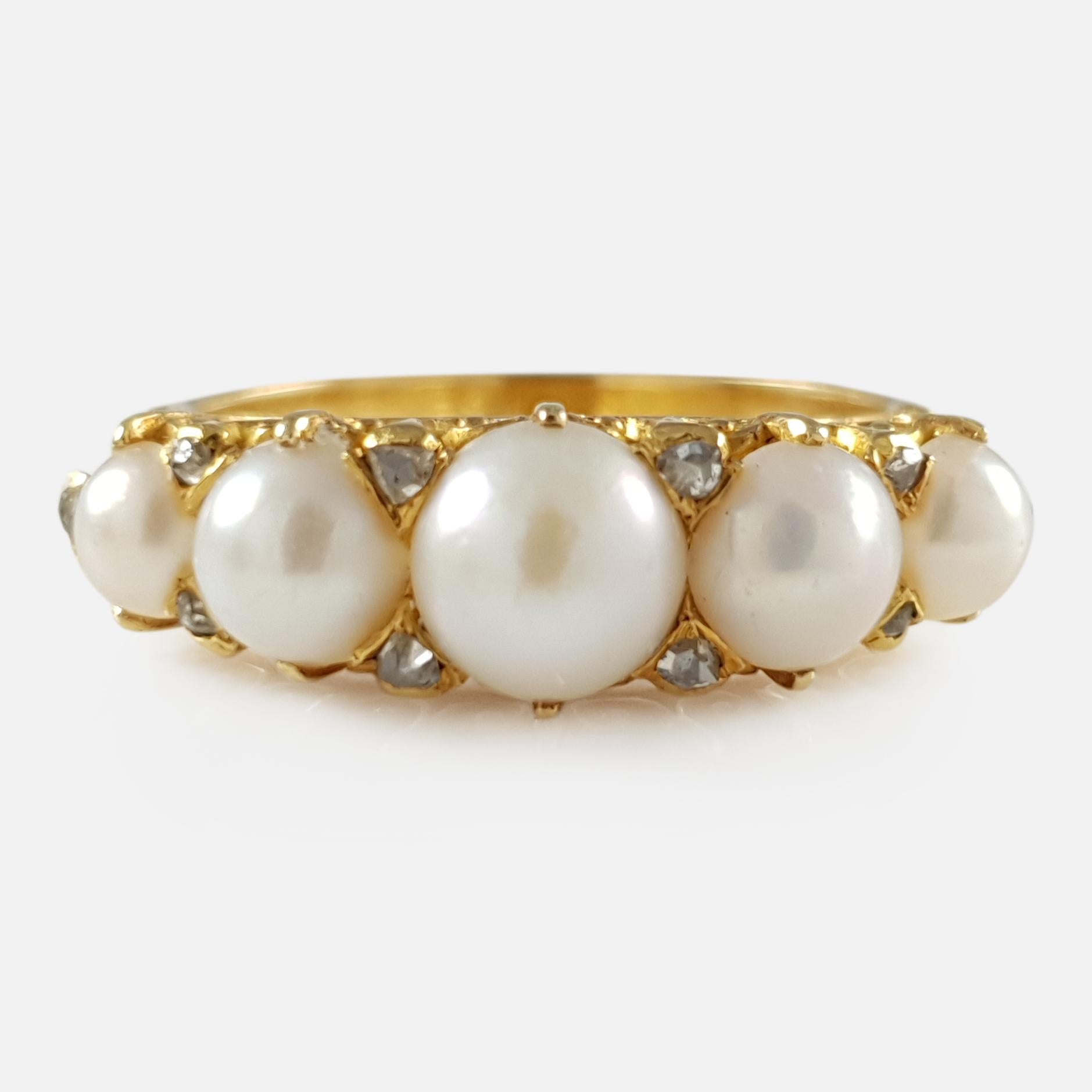 Antique Victorian 18 Karat Yellow Gold Pearl and Diamond Ring 5