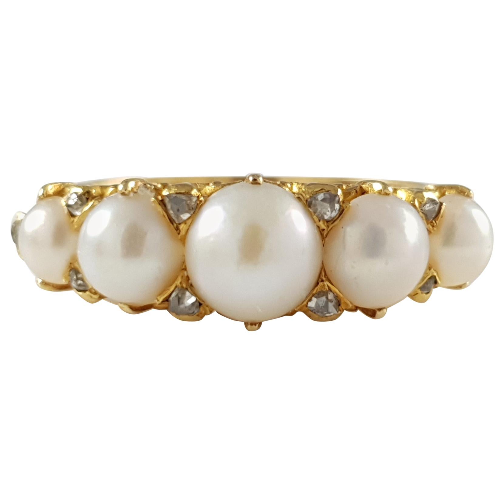 Antique Victorian 18 Karat Yellow Gold Pearl and Diamond Ring