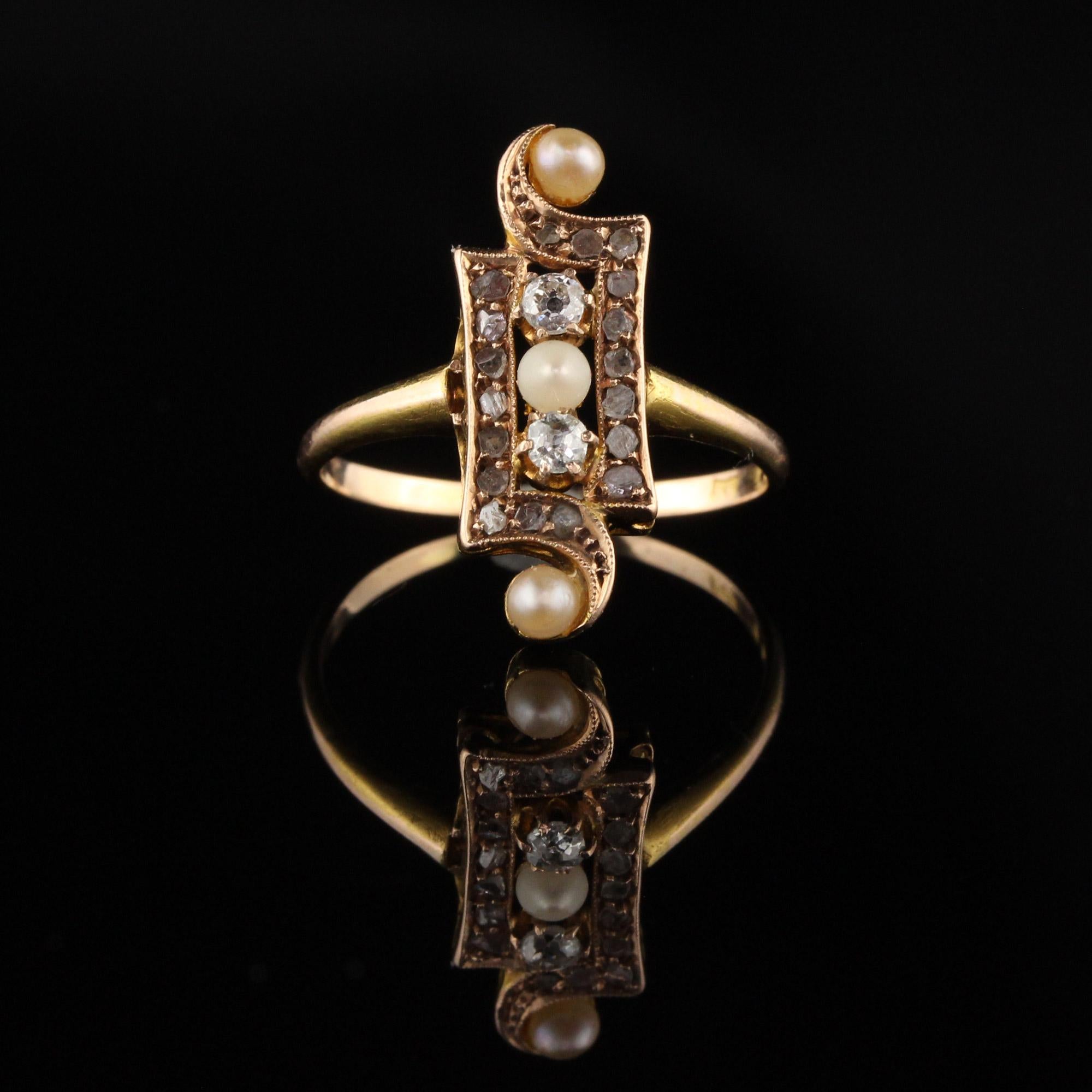 Victorien Bague victorienne ancienne en or jaune 18 carats, perle et diamant taille rose en vente