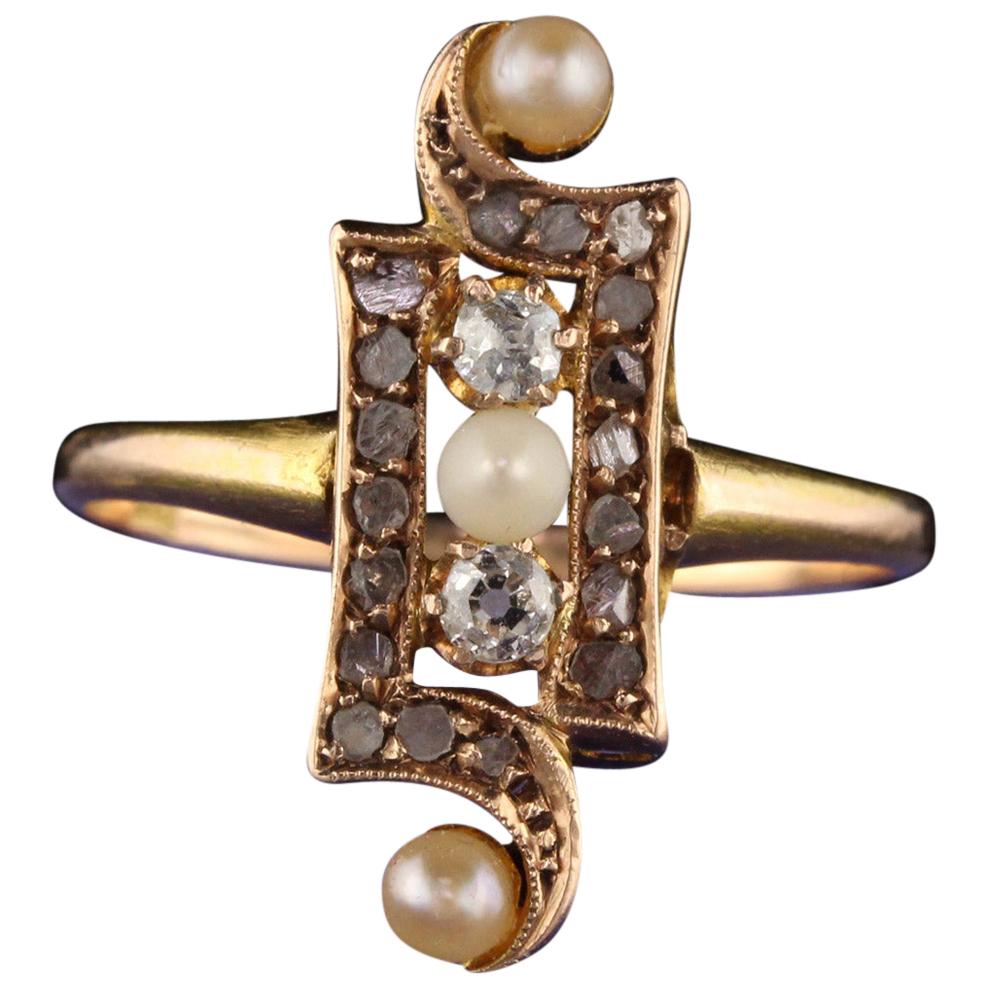 Antique Victorian 18 Karat Yellow Gold Pearl and Rose Cut Diamond Ring For Sale