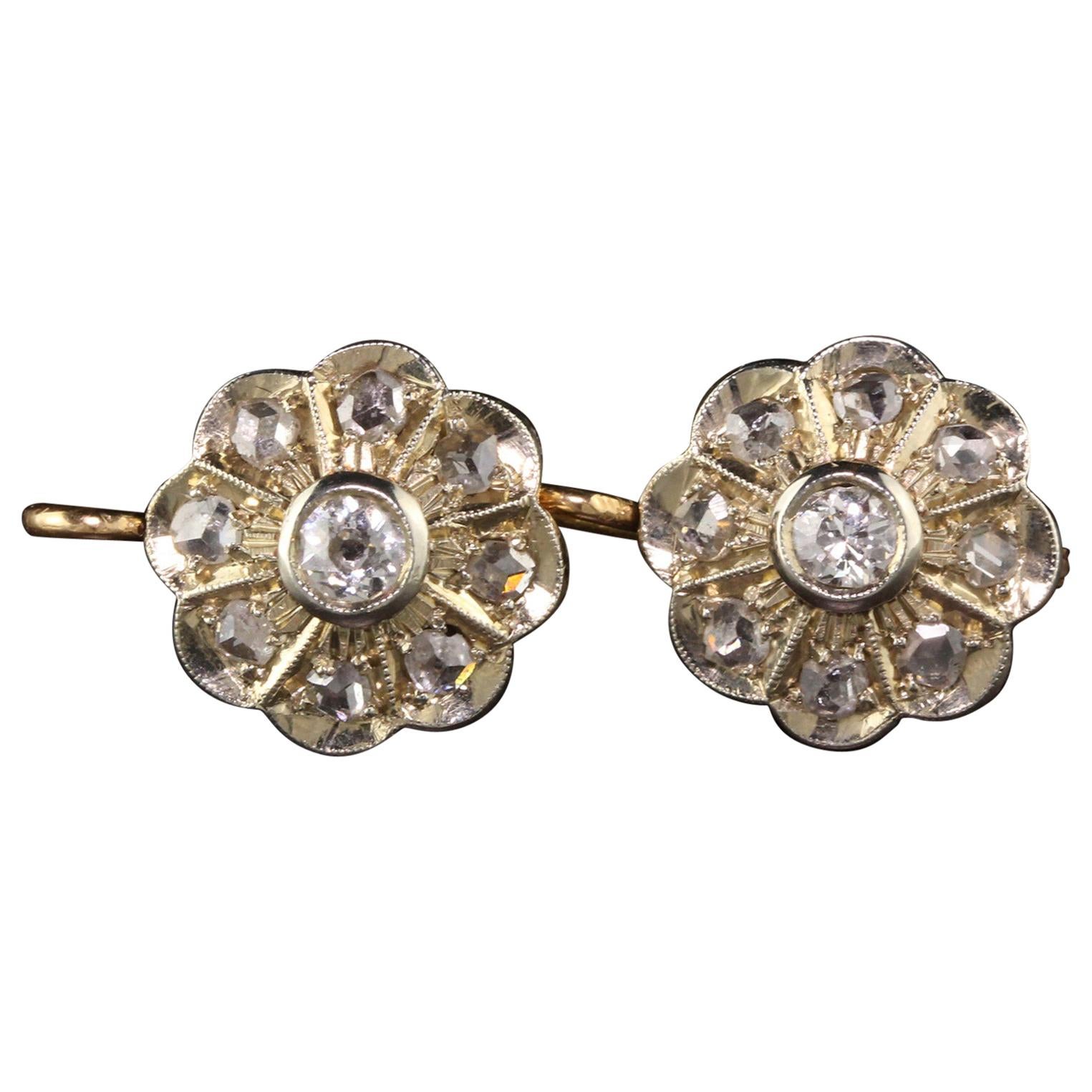 Antique Victorian 18 Karat Yellow Gold Platinum Top Diamond Cluster Earrings