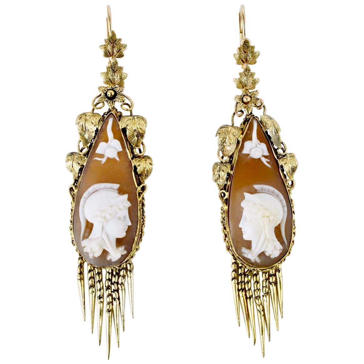Antique Victorian 18 Karat Yellow Gold Shell Cameo Drop Earrings For Sale