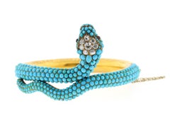 Antique Victorian 18 Karat Yellow Gold Turquoise Diamond Snake Bangle Bracelet