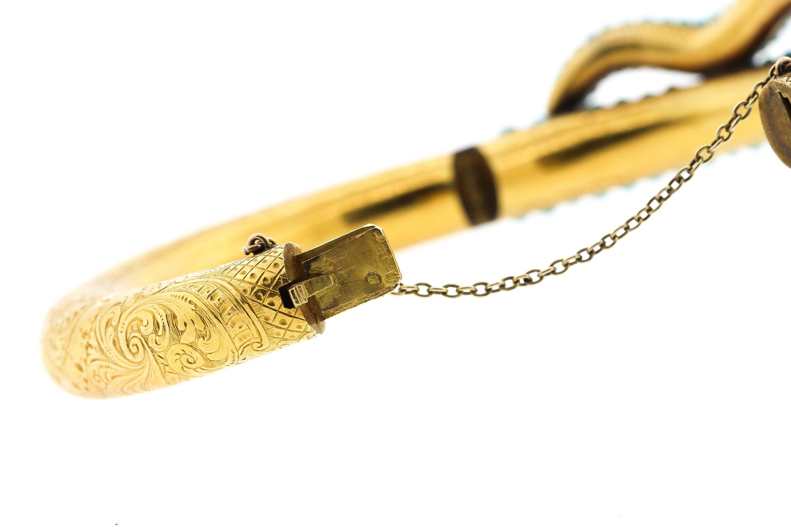 Late Victorian Antique Victorian 18 Karat Yellow Gold Turquoise Diamond Snake Bangle Bracelet
