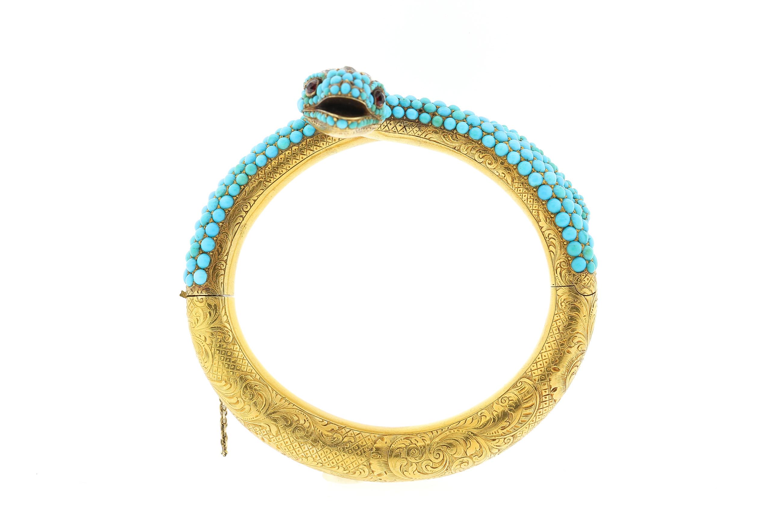 Old European Cut Antique Victorian 18 Karat Yellow Gold Turquoise Diamond Snake Bangle Bracelet