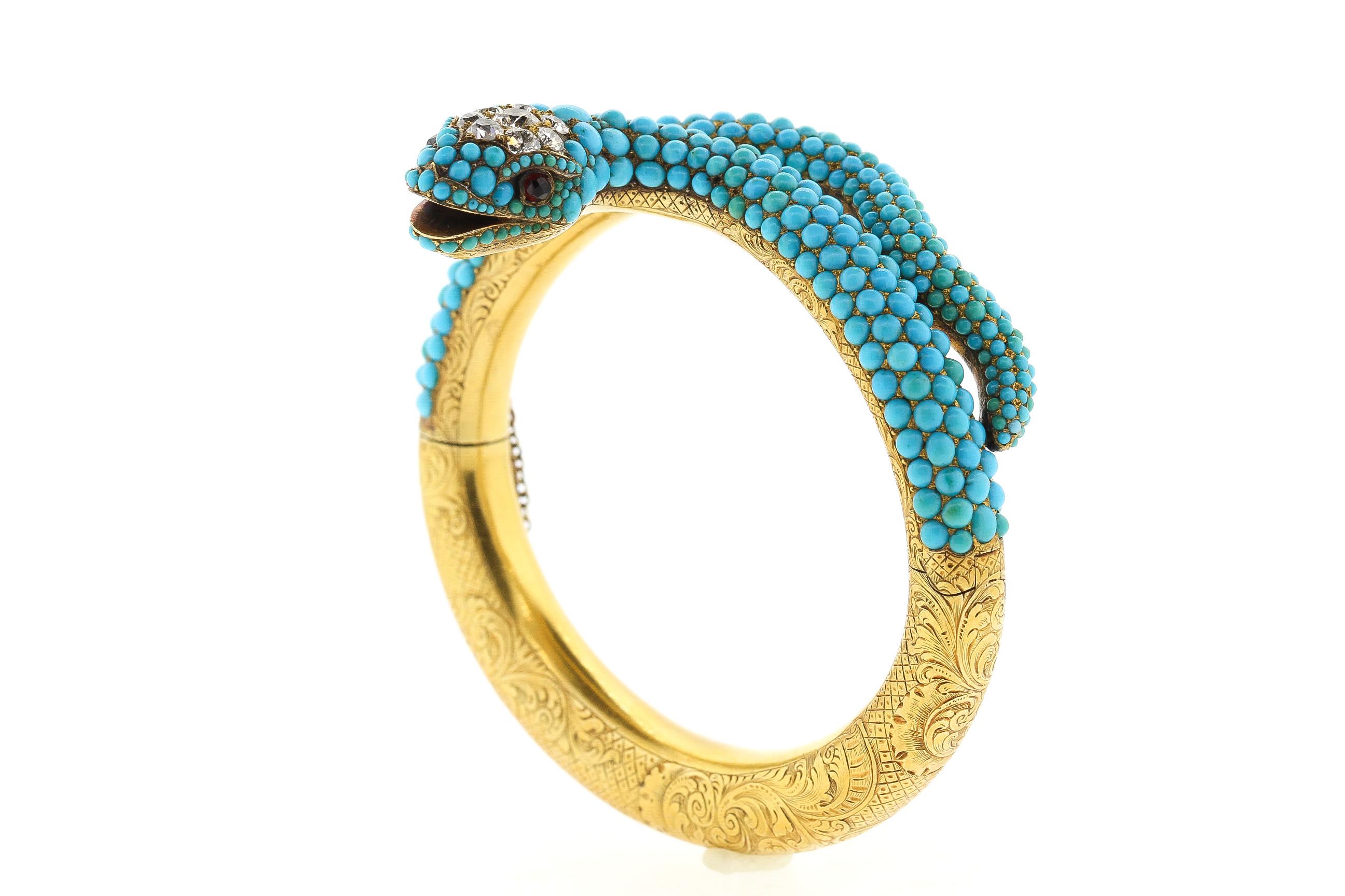 Antique Victorian 18 Karat Yellow Gold Turquoise Diamond Snake Bangle Bracelet In Good Condition In New York, NY