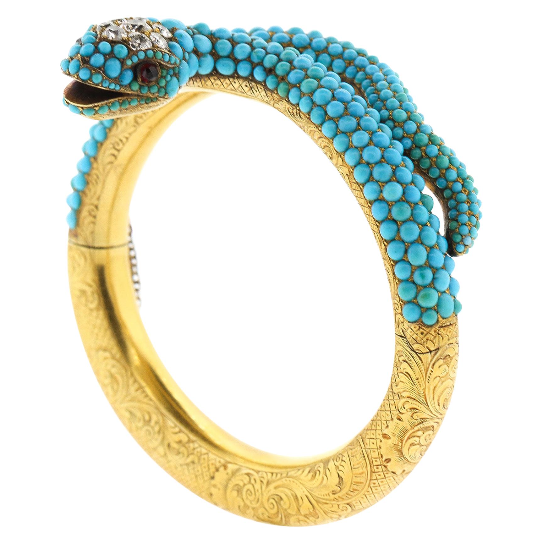 Antique Victorian 18 Karat Yellow Gold Turquoise Diamond Snake Bangle Bracelet