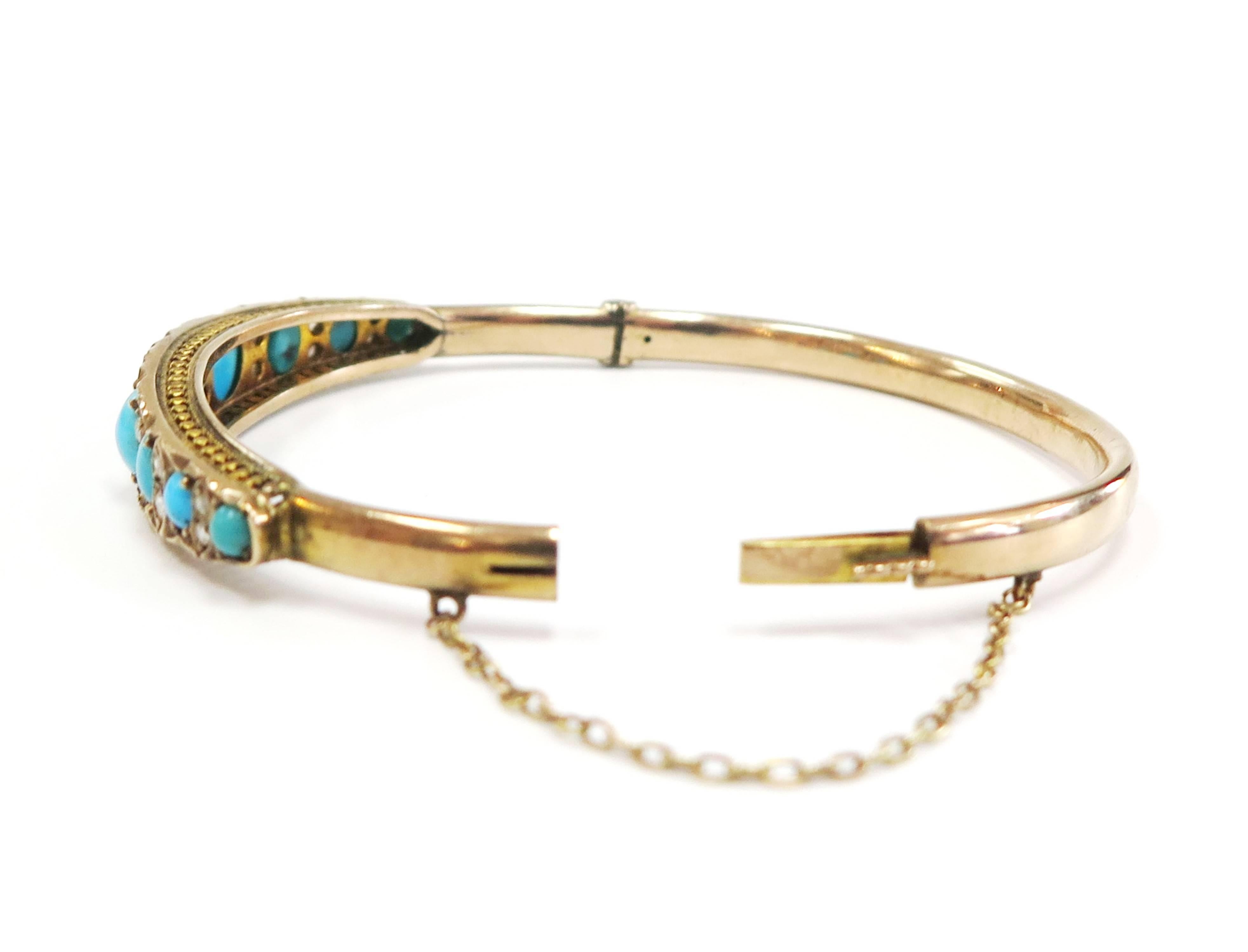 Round Cut Antique Victorian 1800s Bangle with Turquoise, Rose Cut Diamonds, 14 Karat For Sale