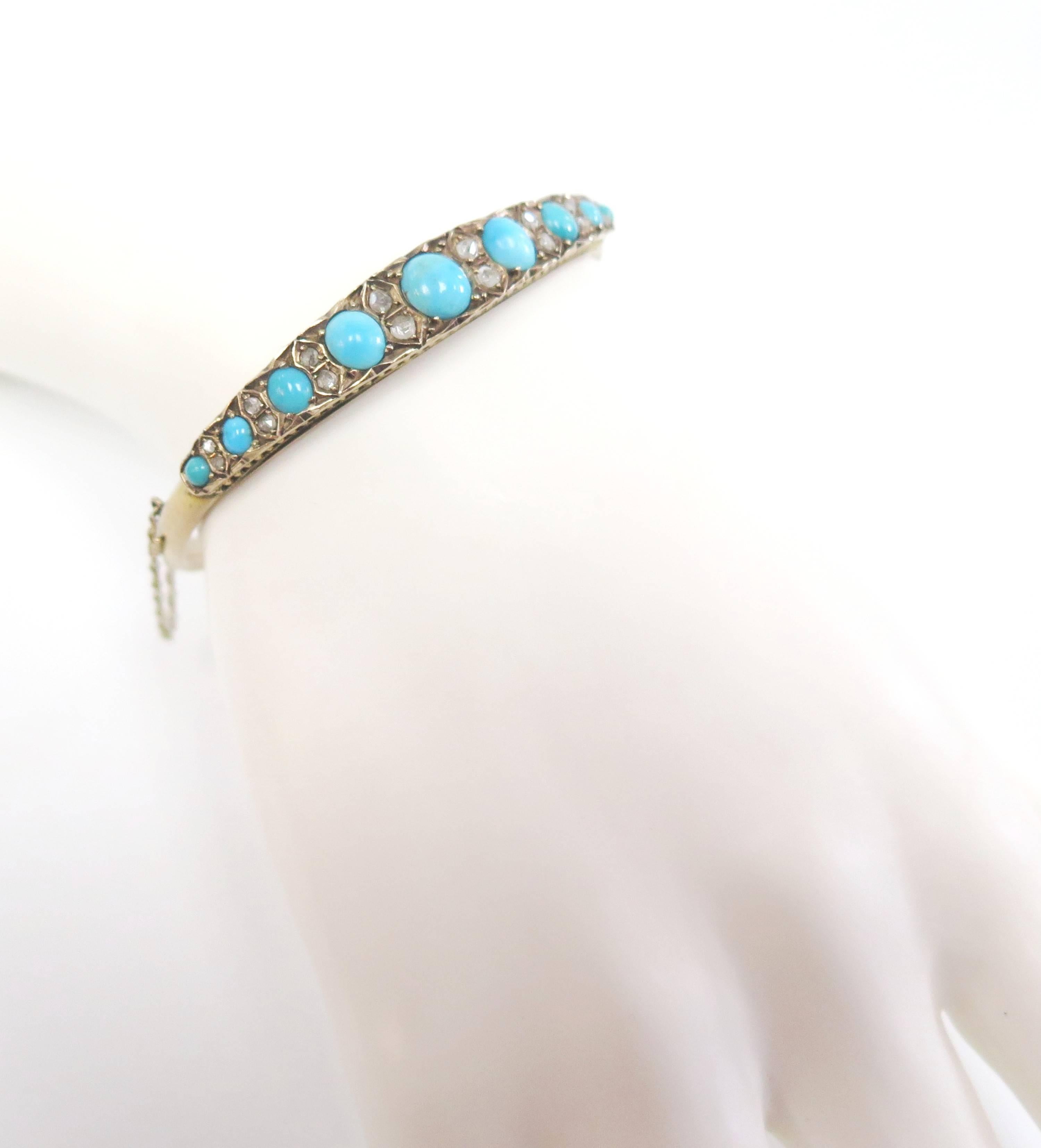 Antique Victorian 1800s Bangle with Turquoise, Rose Cut Diamonds, 14 Karat For Sale 1