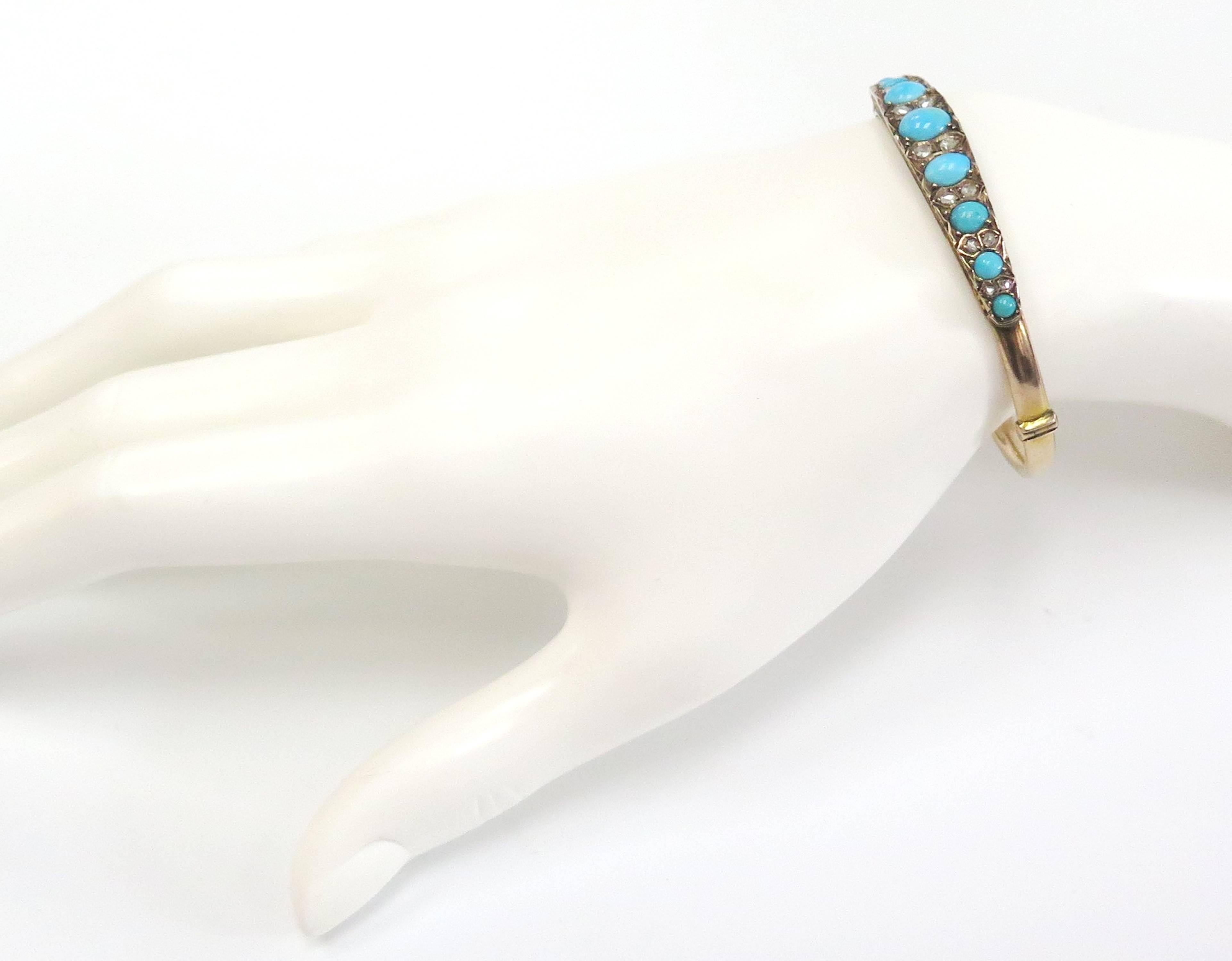 Antique Victorian 1800s Bangle with Turquoise, Rose Cut Diamonds, 14 Karat For Sale 2