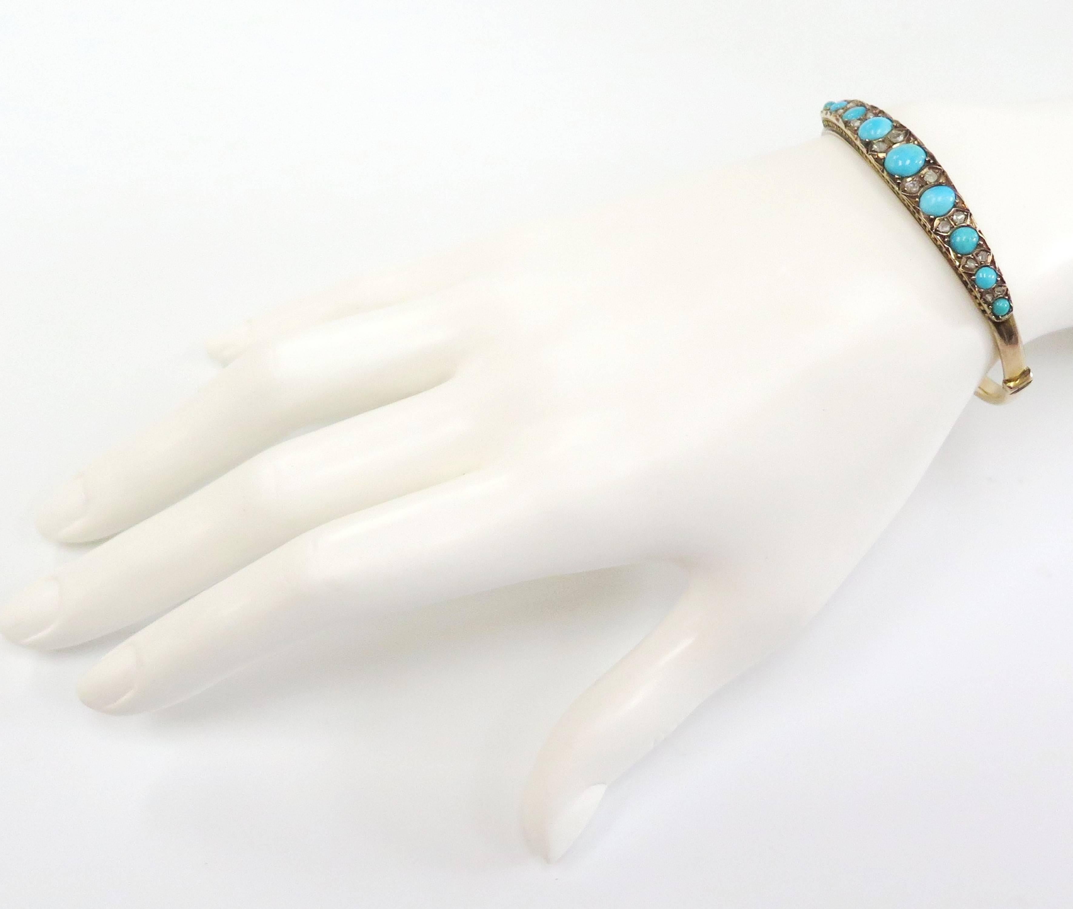 Antique Victorian 1800s Bangle with Turquoise, Rose Cut Diamonds, 14 Karat For Sale 3
