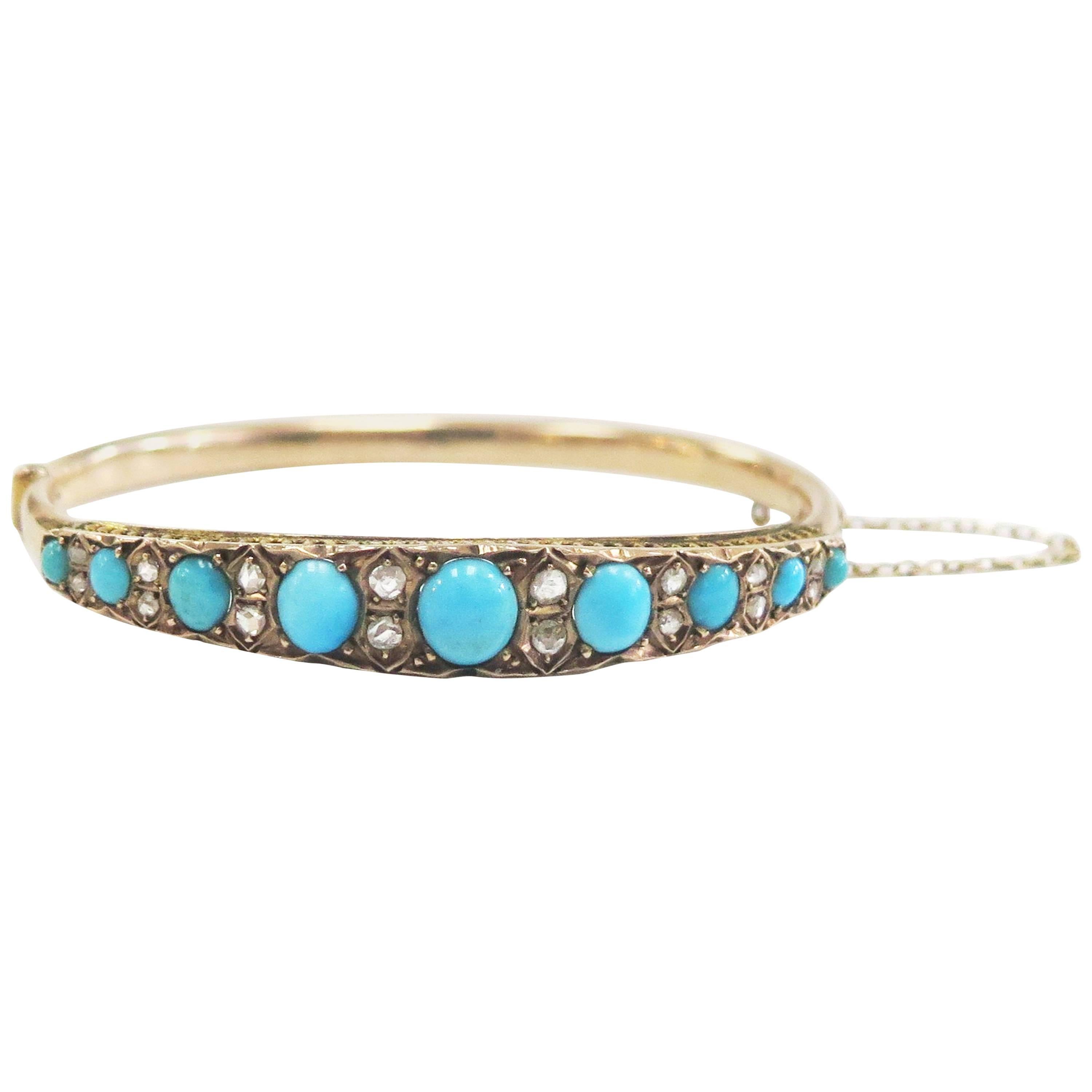 Antique Victorian 1800s Bangle with Turquoise, Rose Cut Diamonds, 14 Karat For Sale