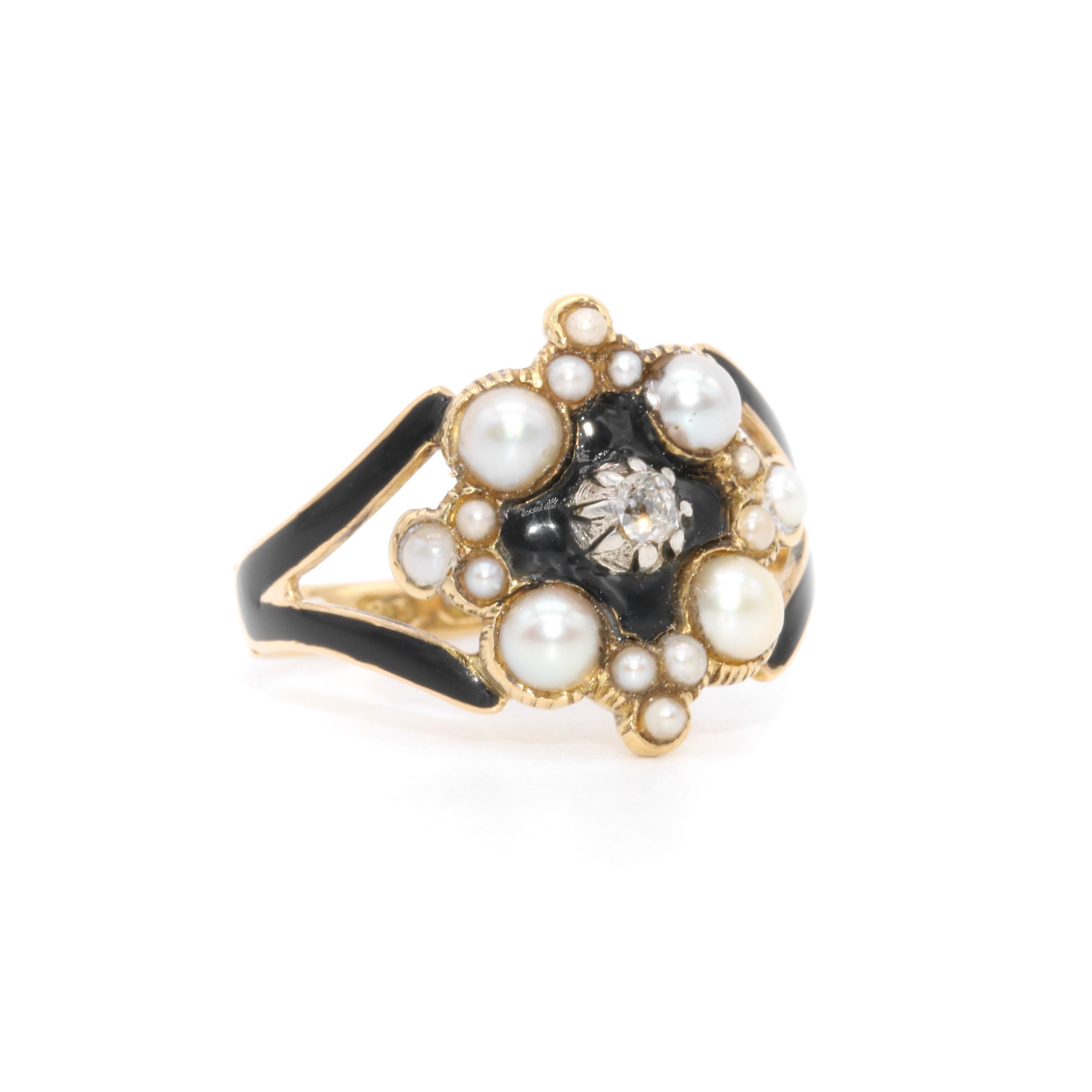 Old Mine Cut Antique Victorian 1840s 18K Gold Diamond, Pearl and Black Enamel Mourning Ring For Sale