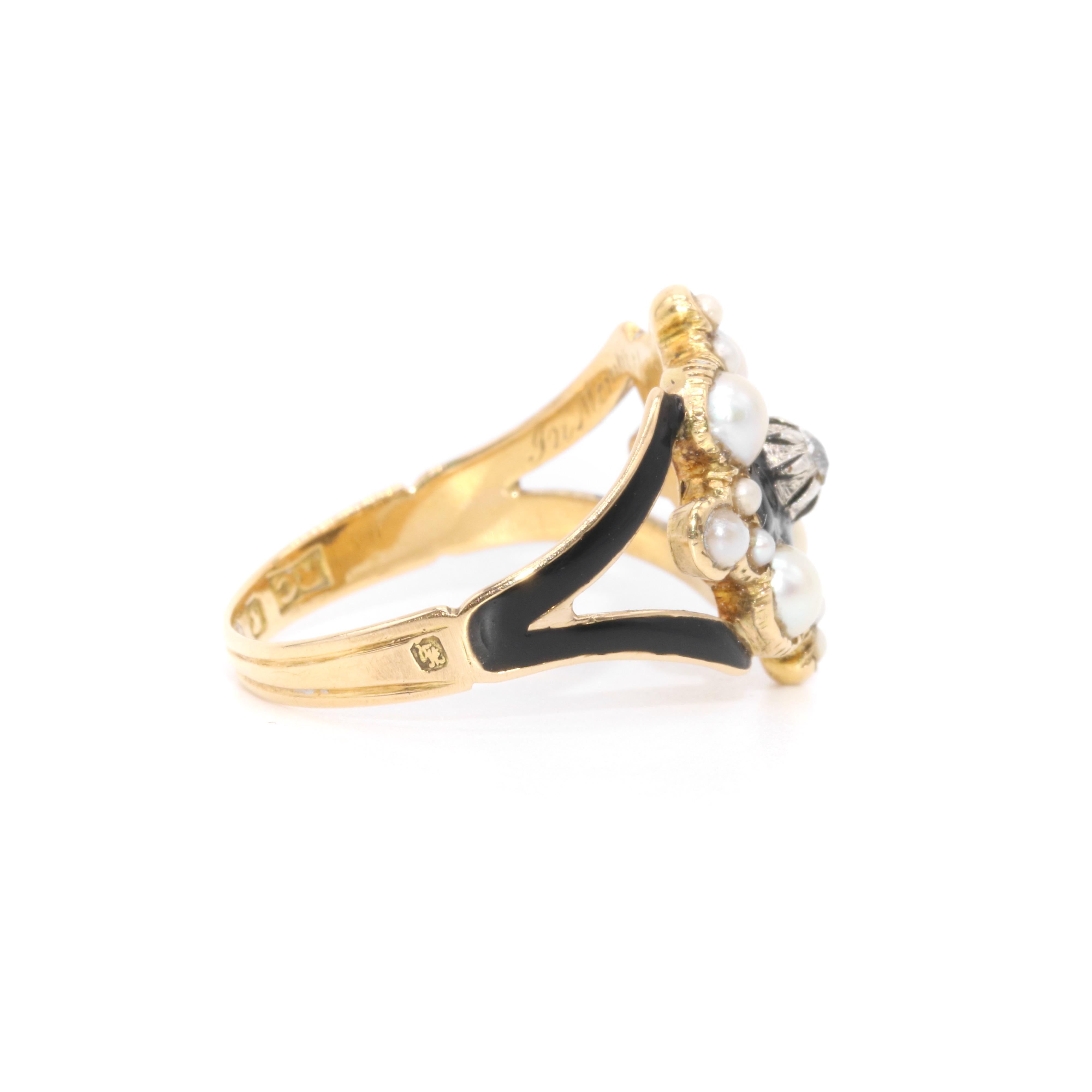 Women's or Men's Antique Victorian 1840s 18K Gold Diamond, Pearl and Black Enamel Mourning Ring For Sale