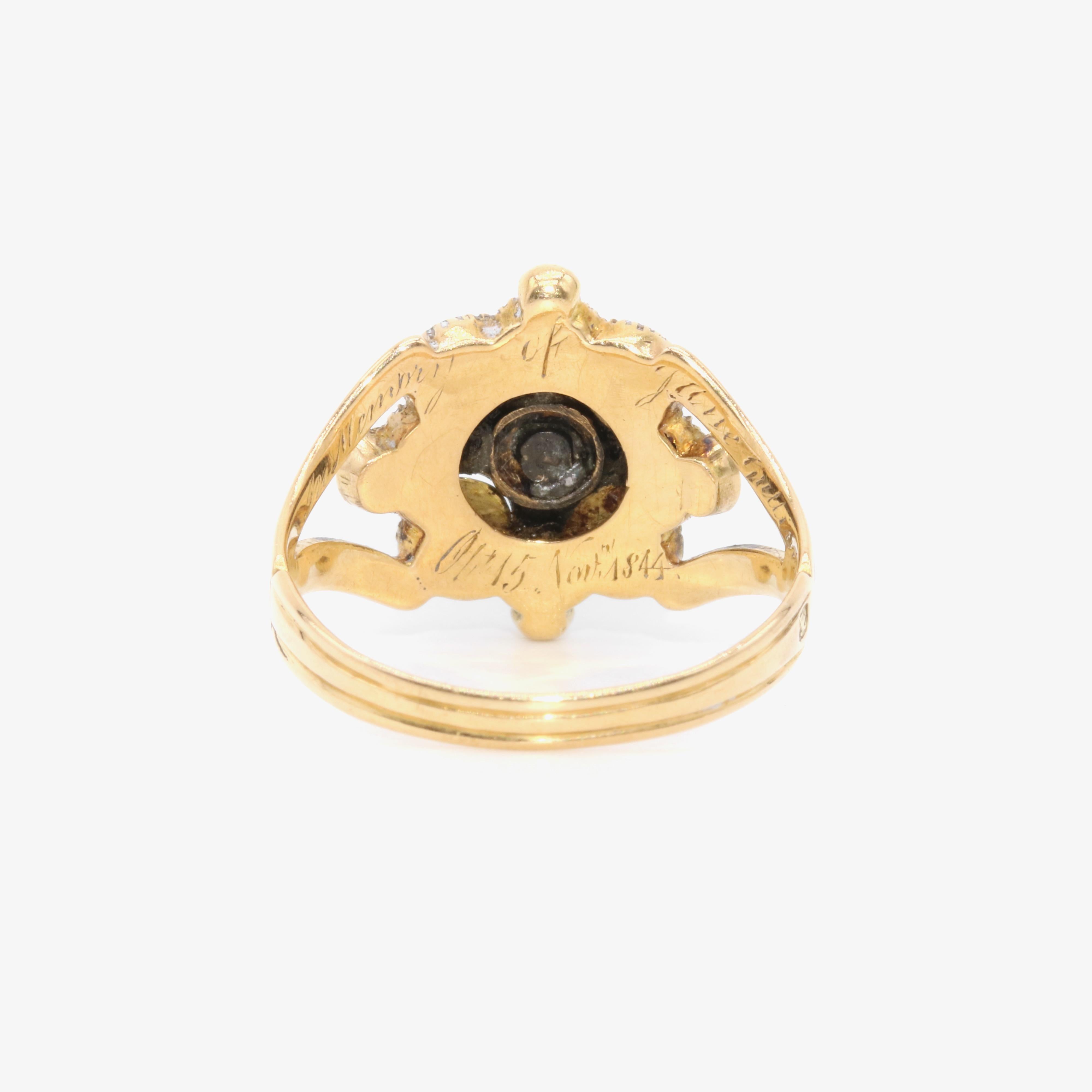 Antique Victorian 1840s 18K Gold Diamond, Pearl and Black Enamel Mourning Ring For Sale 1