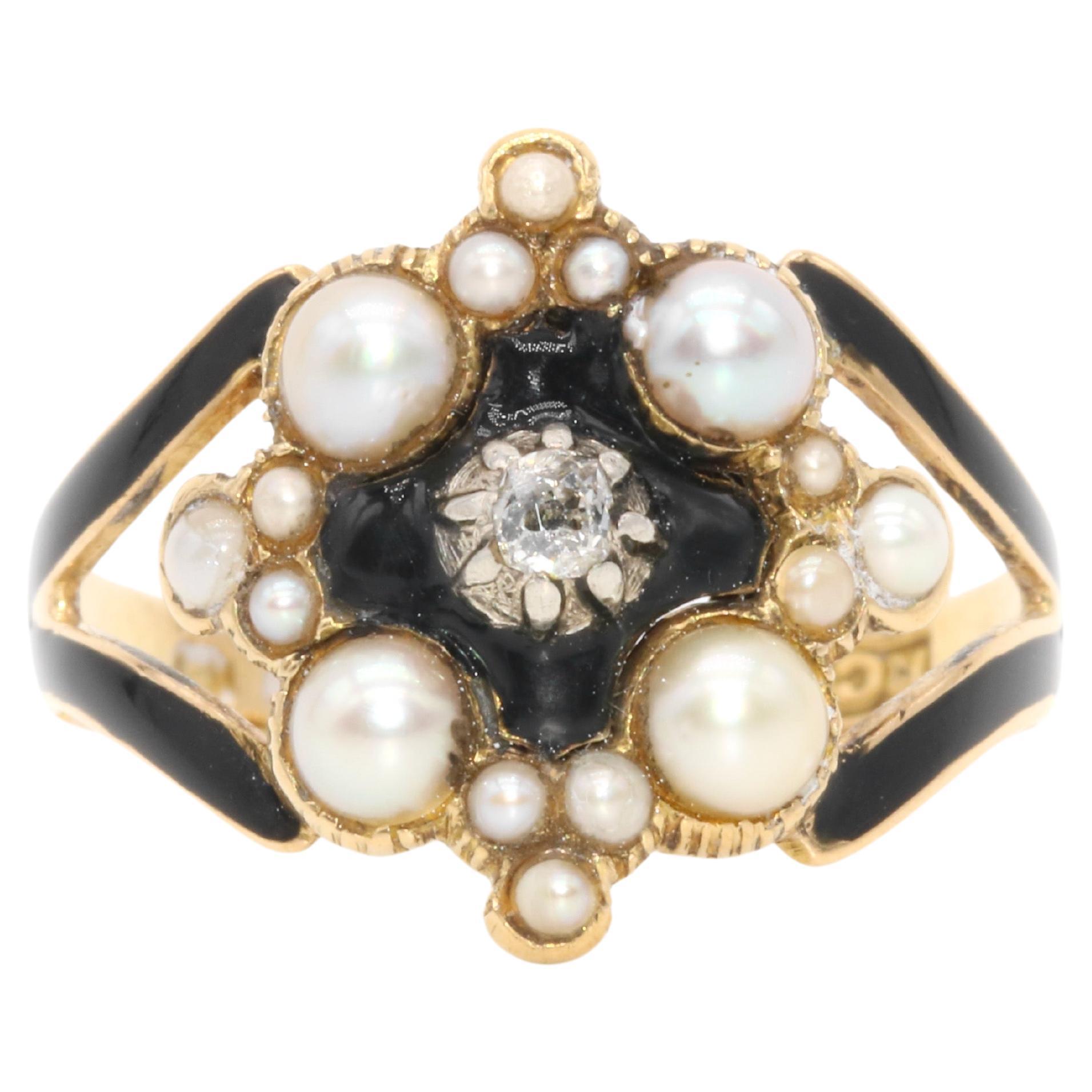 Antique Victorian 1840s 18K Gold Diamond, Pearl and Black Enamel Mourning Ring