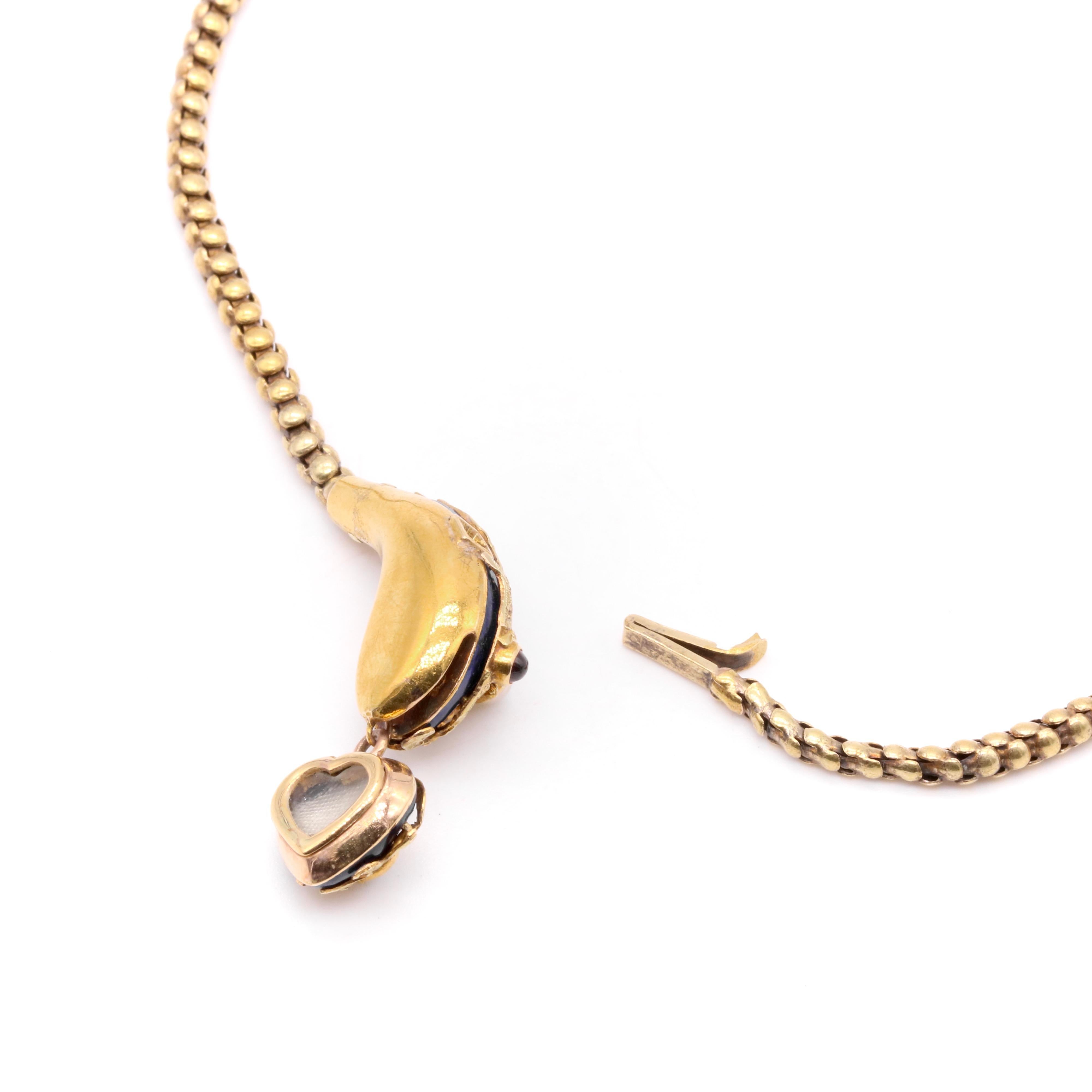 Antique Victorian 1850s 18K Gold Blue Enamel Pearl & Garnet Snake Necklace For Sale 5