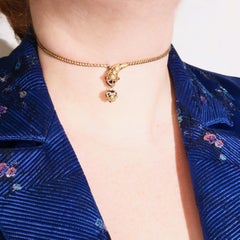 Antique Victorian 1850s 18K Gold Blue Enamel Pearl & Garnet Snake Necklace