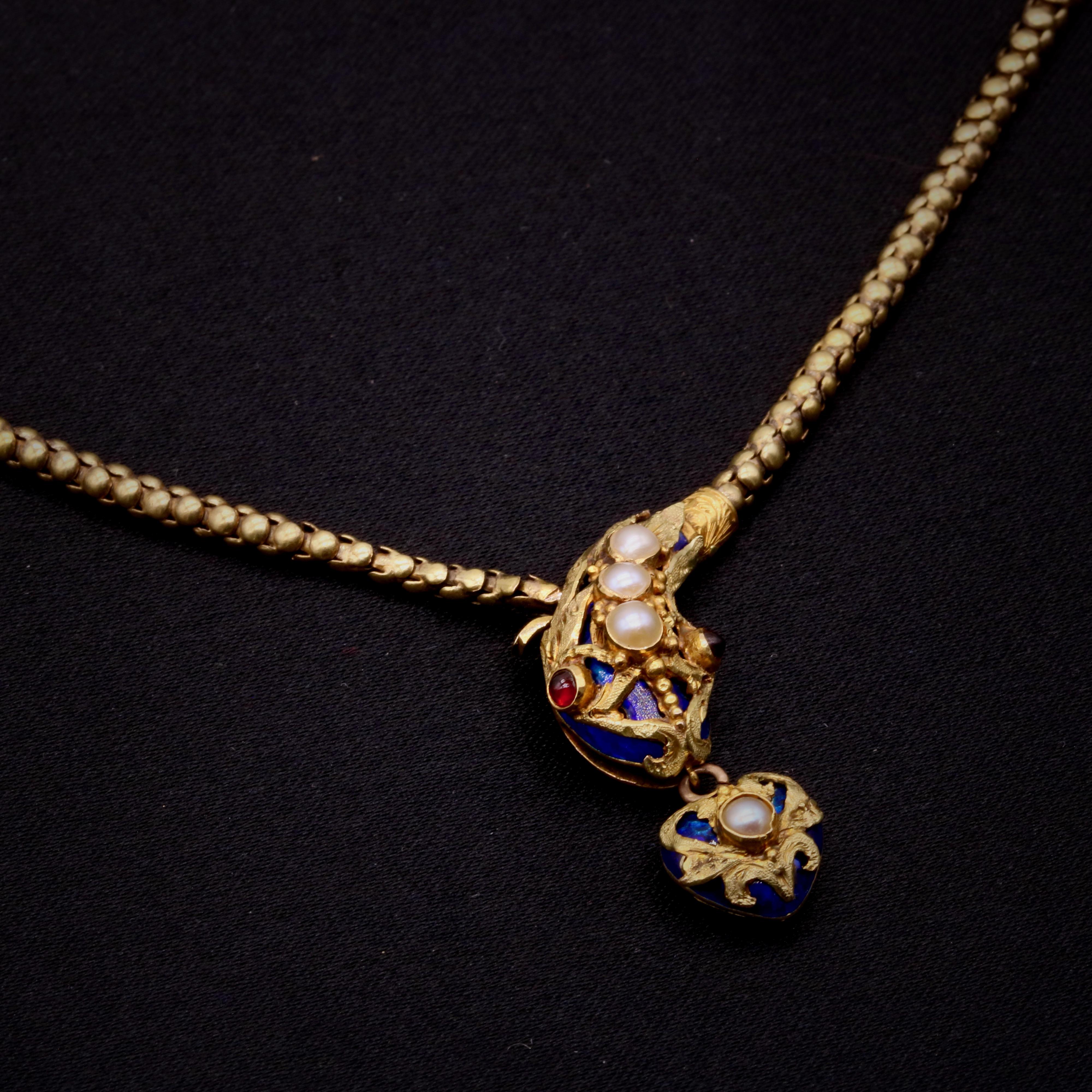 Cabochon Antique Victorian 1850s 18K Gold Blue Enamel Pearl & Garnet Snake Necklace For Sale