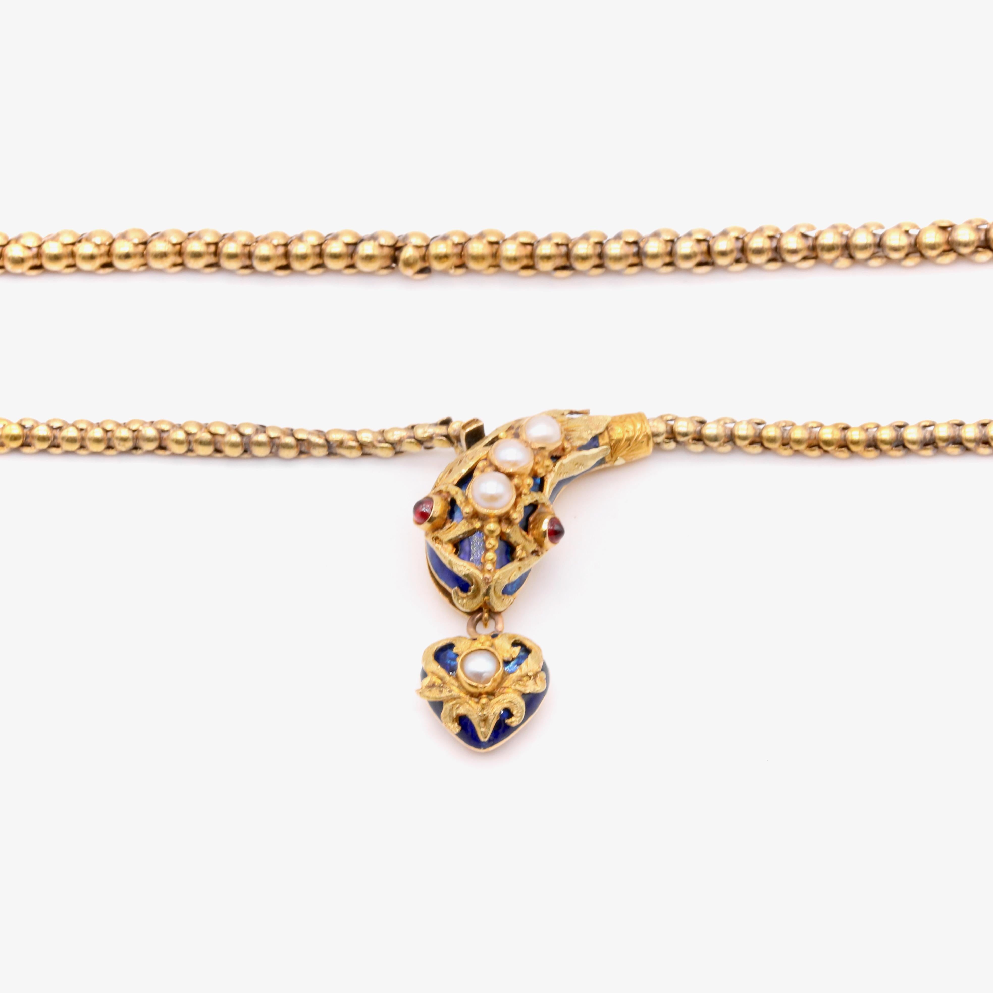 Antique Victorian 1850s 18K Gold Blue Enamel Pearl & Garnet Snake Necklace In Good Condition For Sale In Staines-Upon-Thames, GB