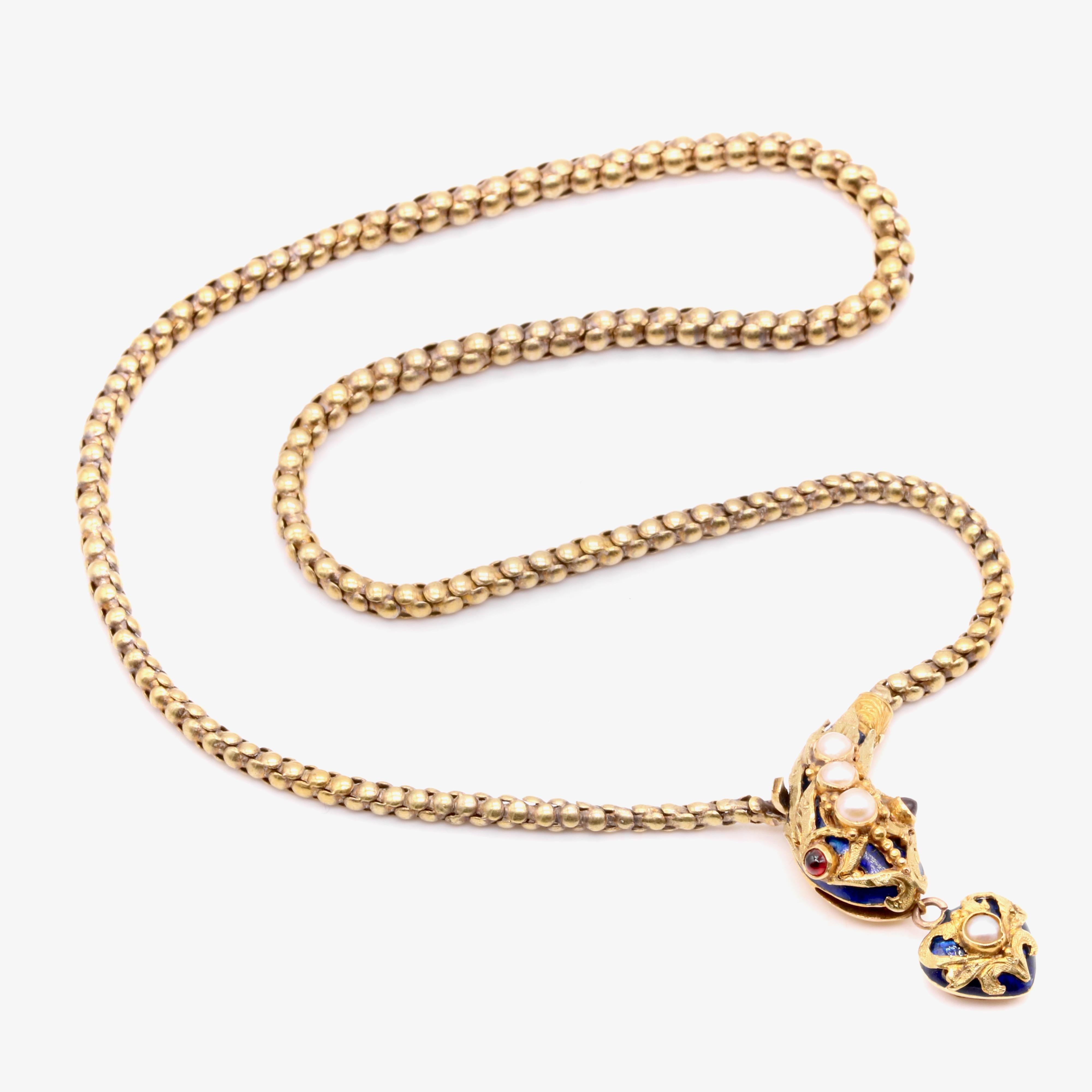 Women's or Men's Antique Victorian 1850s 18K Gold Blue Enamel Pearl & Garnet Snake Necklace For Sale
